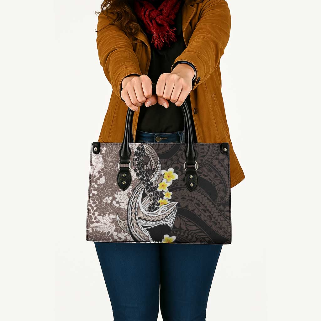 Brown and Black Hawaii Shark Tattoo Leather Bag Puakenikeni Lei Plumeria Polynesian Pattern - Polynesian Pride