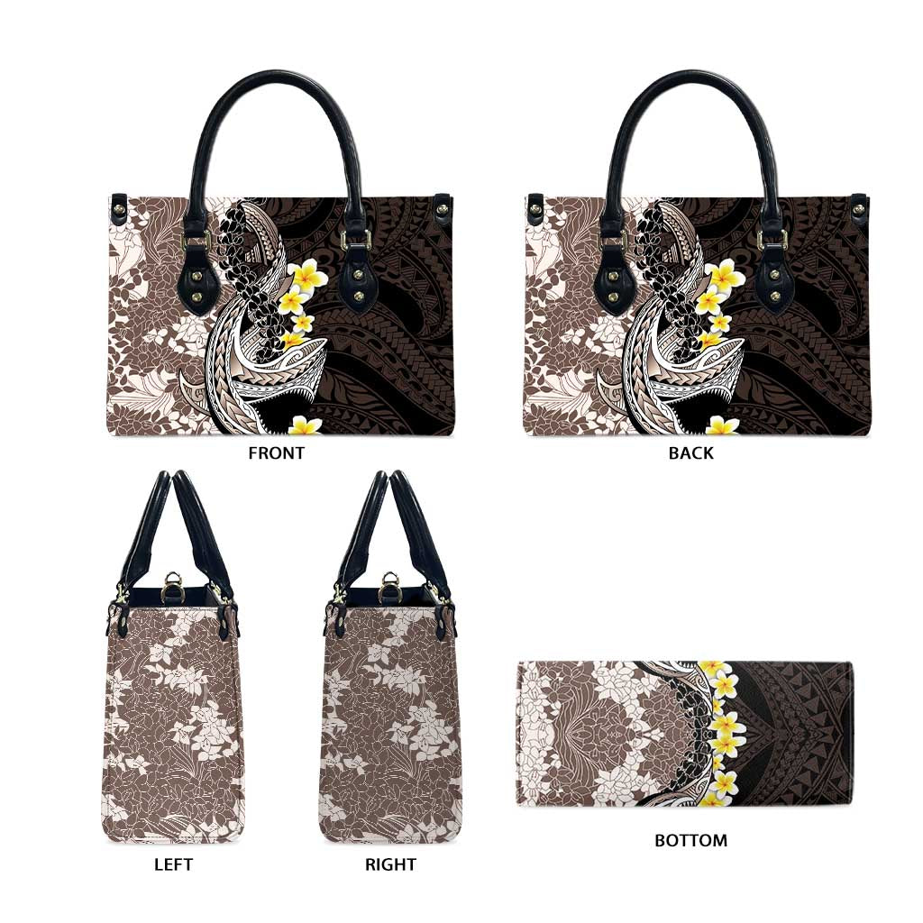 Brown and Black Hawaii Shark Tattoo Leather Bag Puakenikeni Lei Plumeria Polynesian Pattern - Polynesian Pride