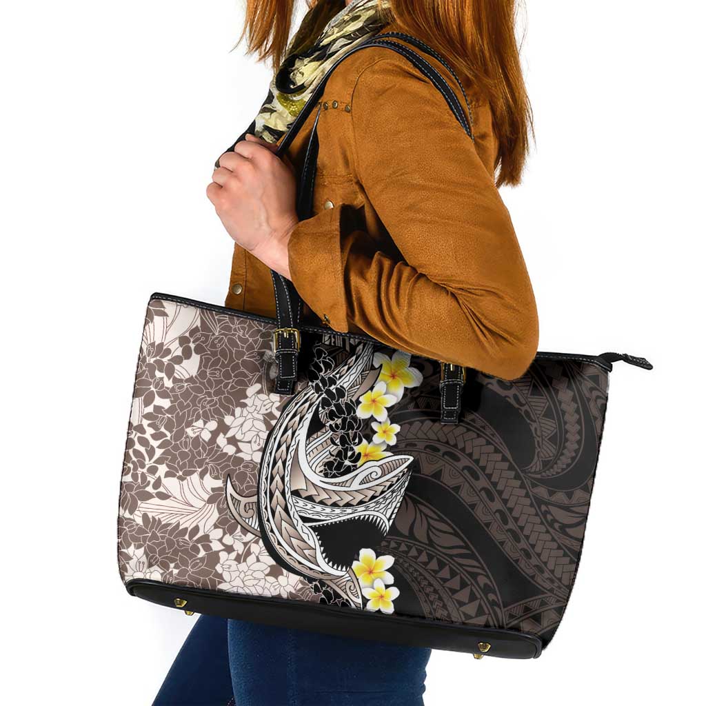 Brown and Black Hawaii Shark Tattoo Leather Tote Bag Puakenikeni Lei Plumeria Polynesian Pattern - Polynesian Pride