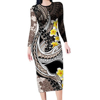 Brown and Black Hawaii Shark Tattoo Long Sleeve Bodycon Dress Puakenikeni Lei Plumeria Polynesian Pattern - Polynesian Pride