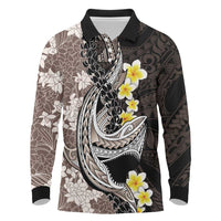Brown and Black Hawaii Shark Tattoo Long Sleeve Polo Shirt Puakenikeni Lei Plumeria Polynesian Pattern - Polynesian Pride