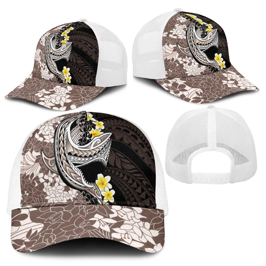 Brown and Black Hawaii Shark Tattoo Mesh Trucker Cap Puakenikeni Lei Plumeria Polynesian Pattern - Polynesian Pride