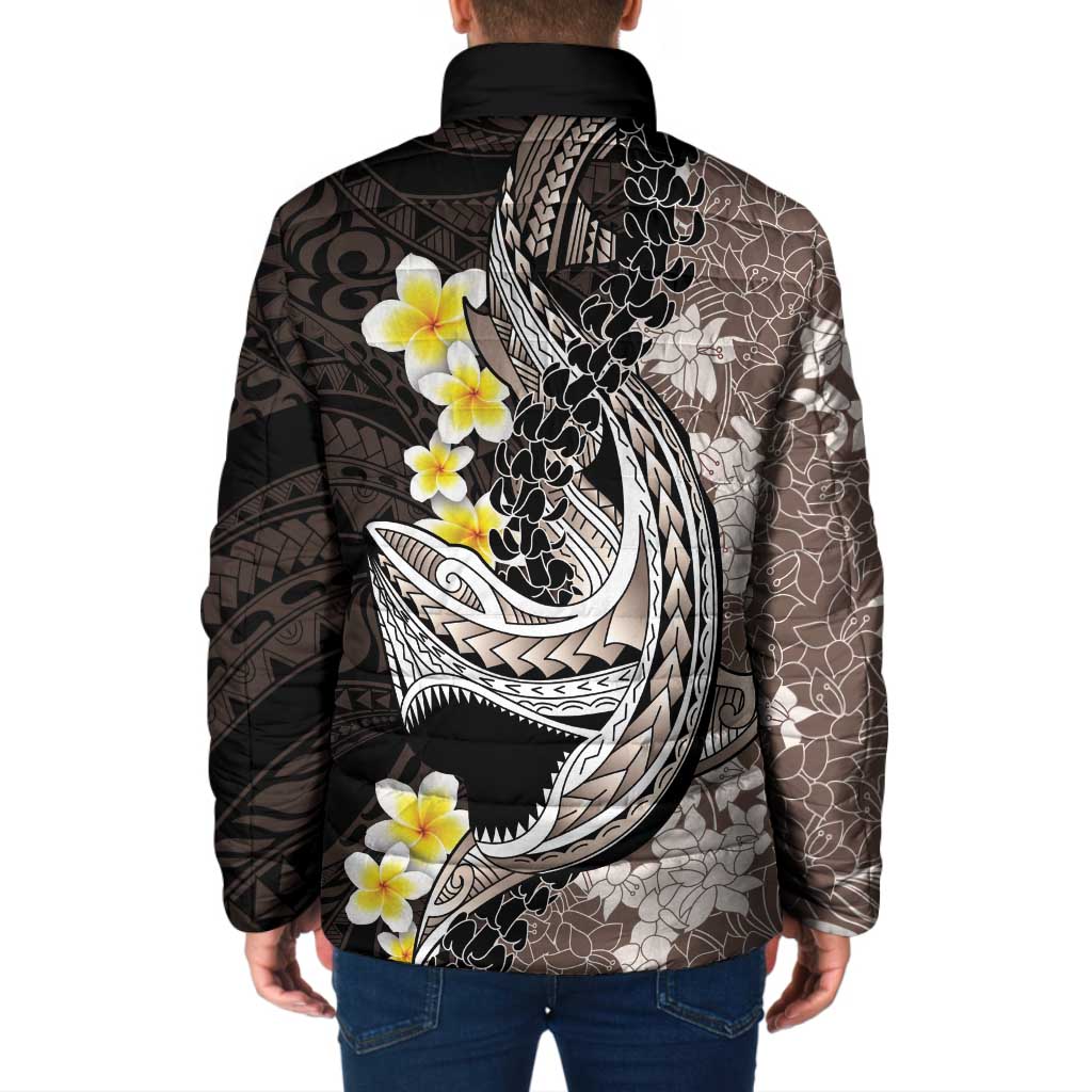Brown and Black Hawaii Shark Tattoo Padded Jacket Puakenikeni Lei Plumeria Polynesian Pattern LT14 - Polynesian Pride