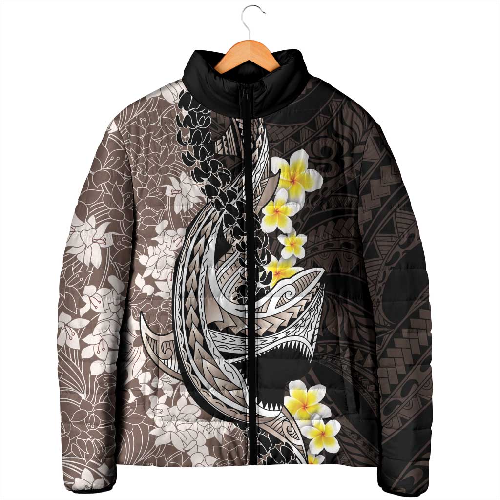 Brown and Black Hawaii Shark Tattoo Padded Jacket Puakenikeni Lei Plumeria Polynesian Pattern LT14 - Polynesian Pride