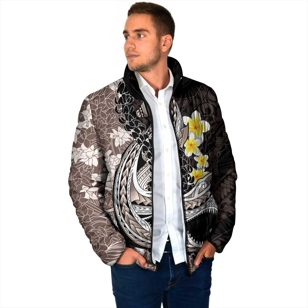 Brown and Black Hawaii Shark Tattoo Padded Jacket Puakenikeni Lei Plumeria Polynesian Pattern LT14 - Polynesian Pride