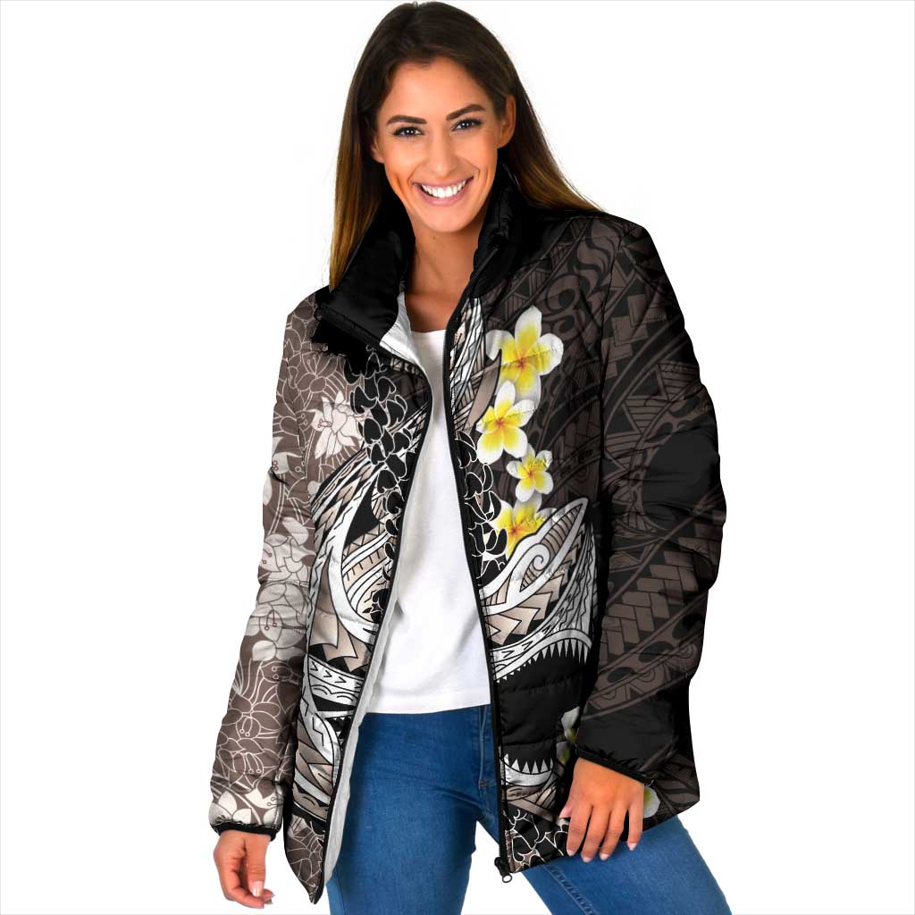 Brown and Black Hawaii Shark Tattoo Padded Jacket Puakenikeni Lei Plumeria Polynesian Pattern LT14 Women Black - Polynesian Pride