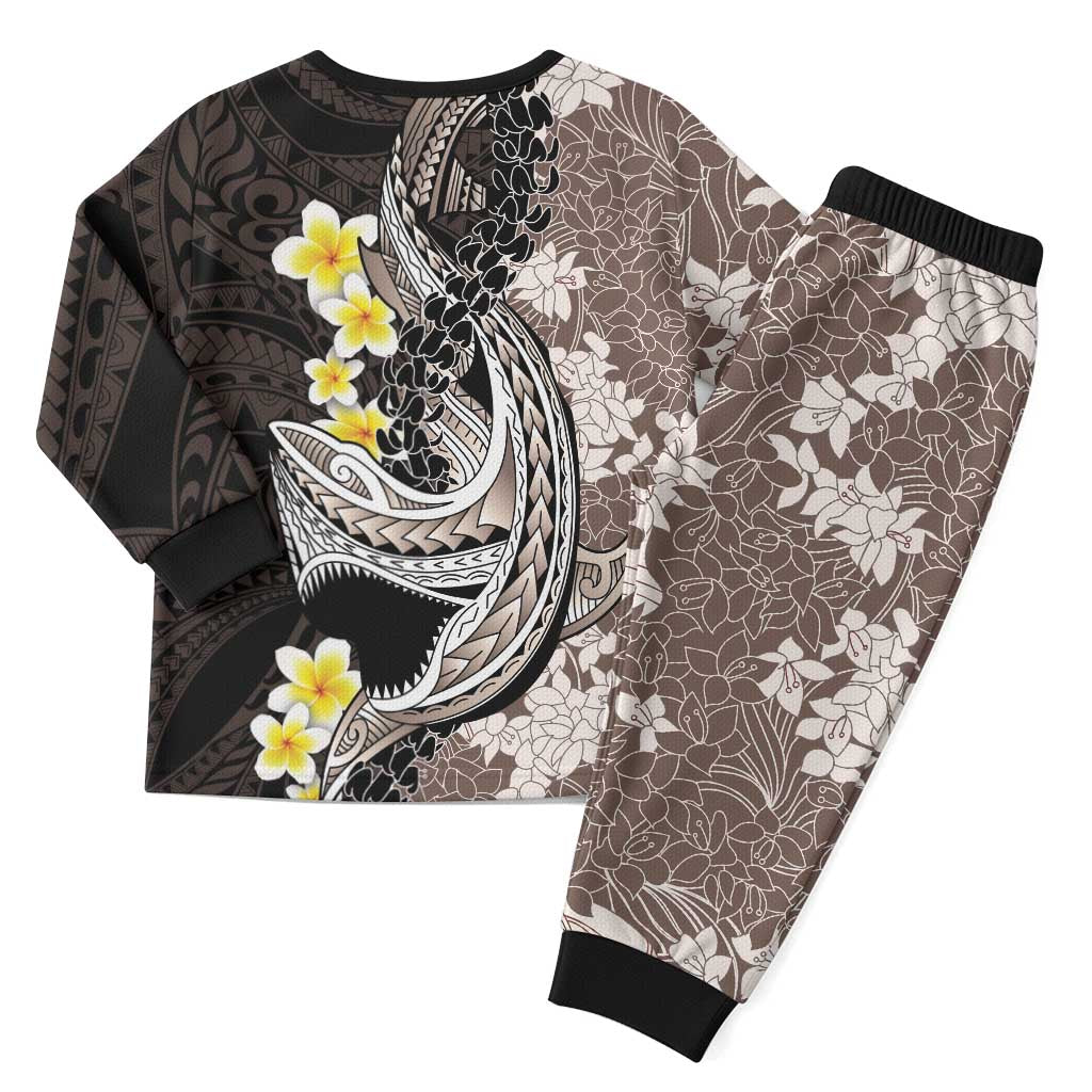 Brown and Black Hawaii Shark Tattoo Christmas Pajama Set Puakenikeni Lei Plumeria Polynesian Pattern - Polynesian Pride