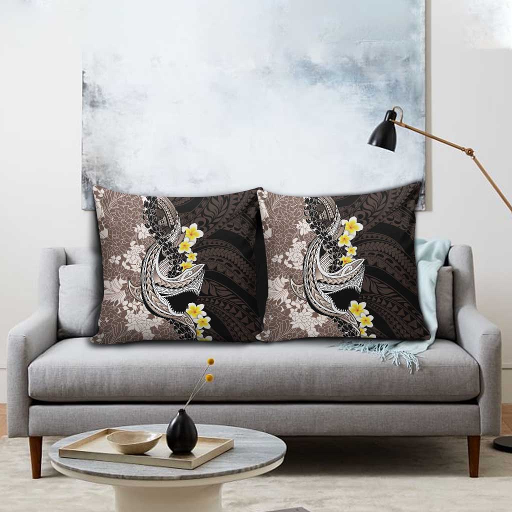 Brown and Black Hawaii Shark Tattoo Pillow Cover Puakenikeni Lei Plumeria Polynesian Pattern - Polynesian Pride