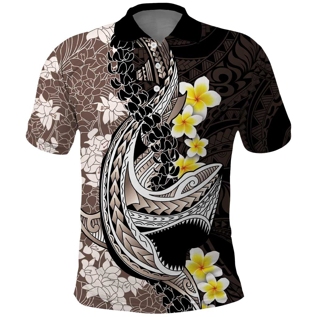 Brown and Black Hawaii Shark Tattoo Polo Shirt Puakenikeni Lei Plumeria Polynesian Pattern - Polynesian Pride