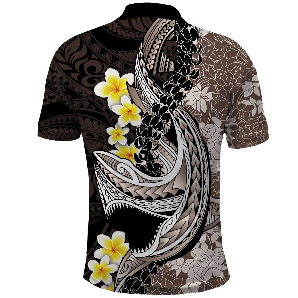 Brown and Black Hawaii Shark Tattoo Polo Shirt Puakenikeni Lei Plumeria Polynesian Pattern - Polynesian Pride