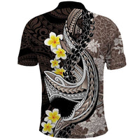 Brown and Black Hawaii Shark Tattoo Polo Shirt Puakenikeni Lei Plumeria Polynesian Pattern - Polynesian Pride