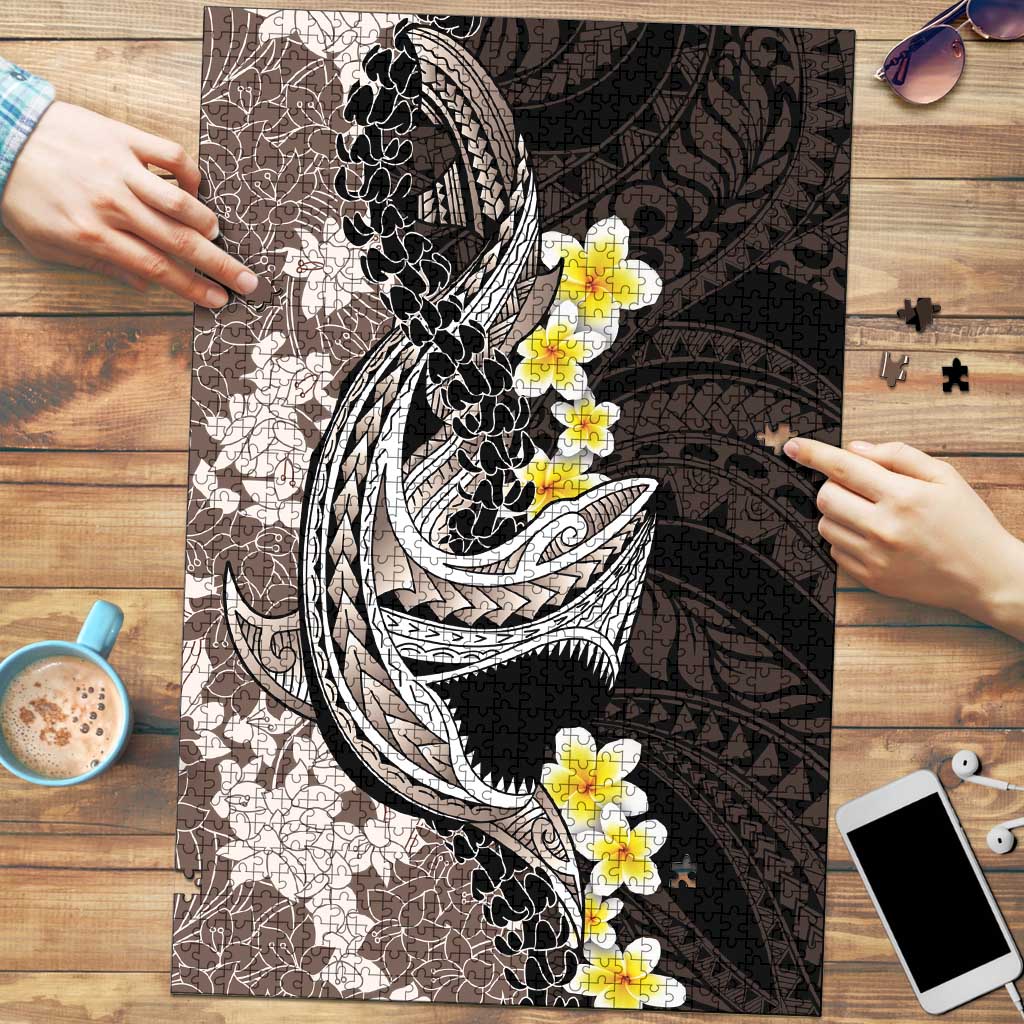 Brown and Black Hawaii Shark Tattoo Puzzle Puakenikeni Lei Plumeria Polynesian Pattern LT14 Black - Polynesian Pride