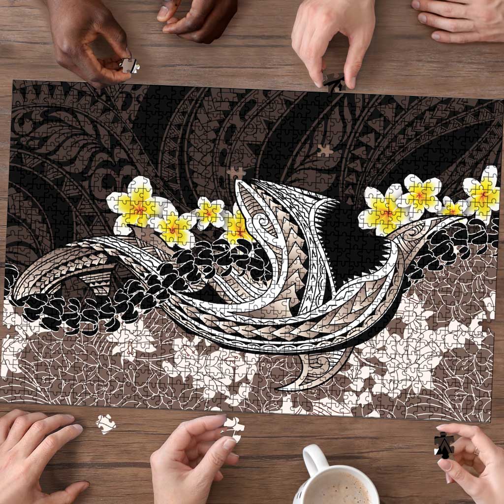 Brown and Black Hawaii Shark Tattoo Puzzle Puakenikeni Lei Plumeria Polynesian Pattern LT14 - Polynesian Pride
