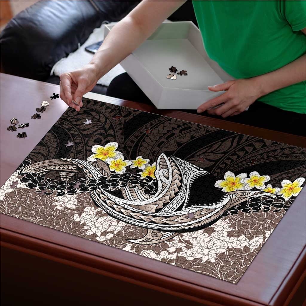 Brown and Black Hawaii Shark Tattoo Puzzle Puakenikeni Lei Plumeria Polynesian Pattern LT14 - Polynesian Pride