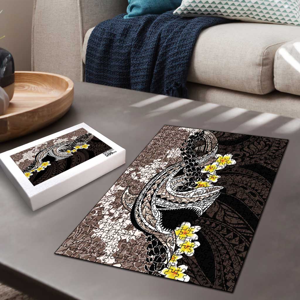 Brown and Black Hawaii Shark Tattoo Puzzle Puakenikeni Lei Plumeria Polynesian Pattern LT14 - Polynesian Pride