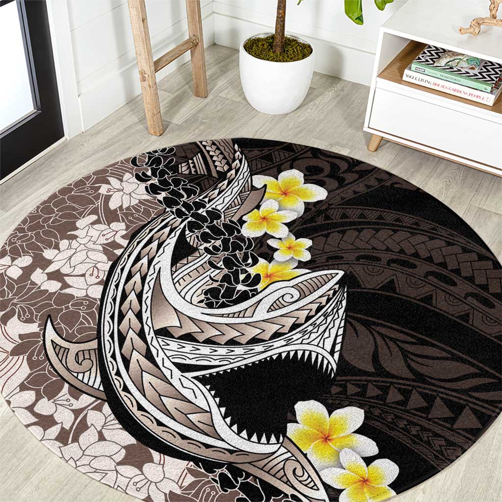 Brown and Black Hawaii Shark Tattoo Round Carpet Puakenikeni Lei Plumeria Polynesian Pattern - Polynesian Pride