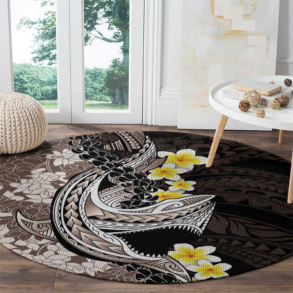Brown and Black Hawaii Shark Tattoo Round Carpet Puakenikeni Lei Plumeria Polynesian Pattern - Polynesian Pride