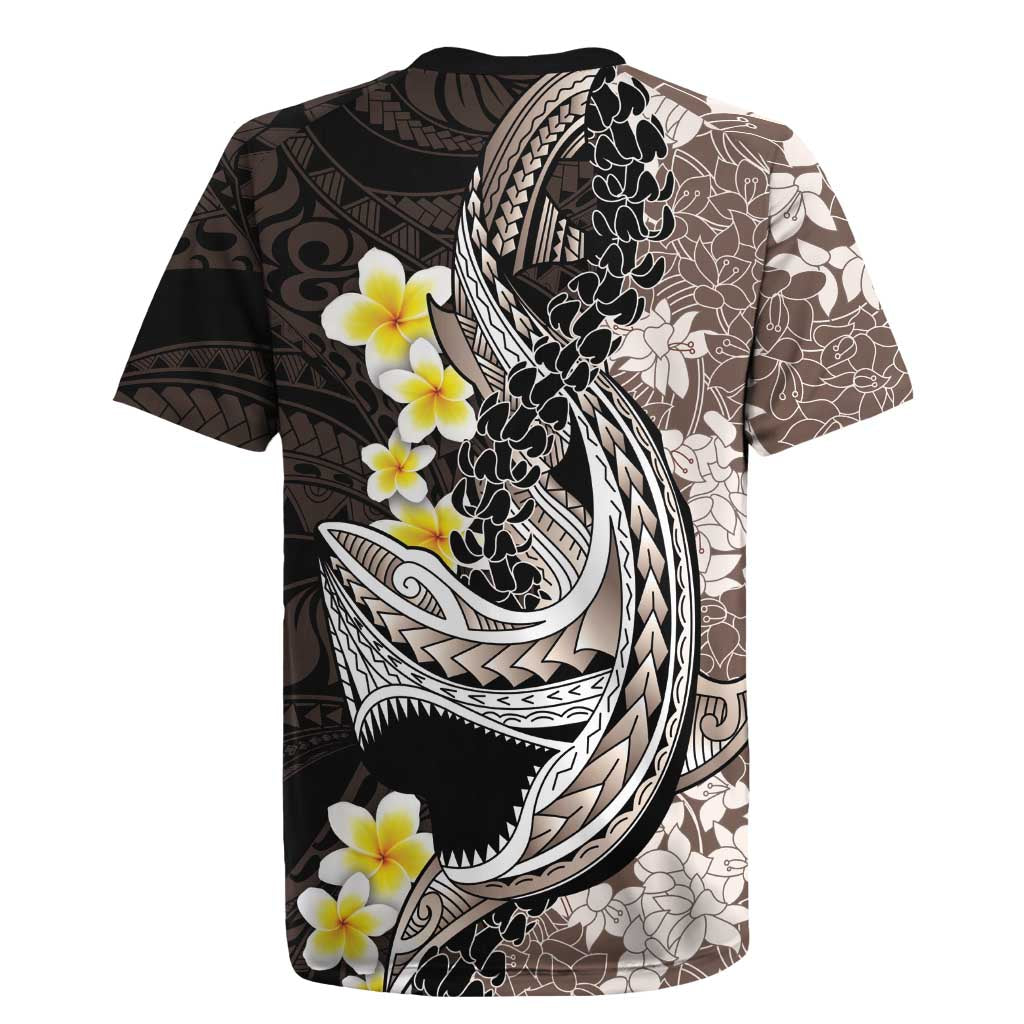 Brown and Black Hawaii Shark Tattoo Rugby Jersey Puakenikeni Lei Plumeria Polynesian Pattern - Polynesian Pride