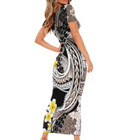 Brown and Black Hawaii Shark Tattoo Short Sleeve Bodycon Dress Puakenikeni Lei Plumeria Polynesian Pattern - Polynesian Pride