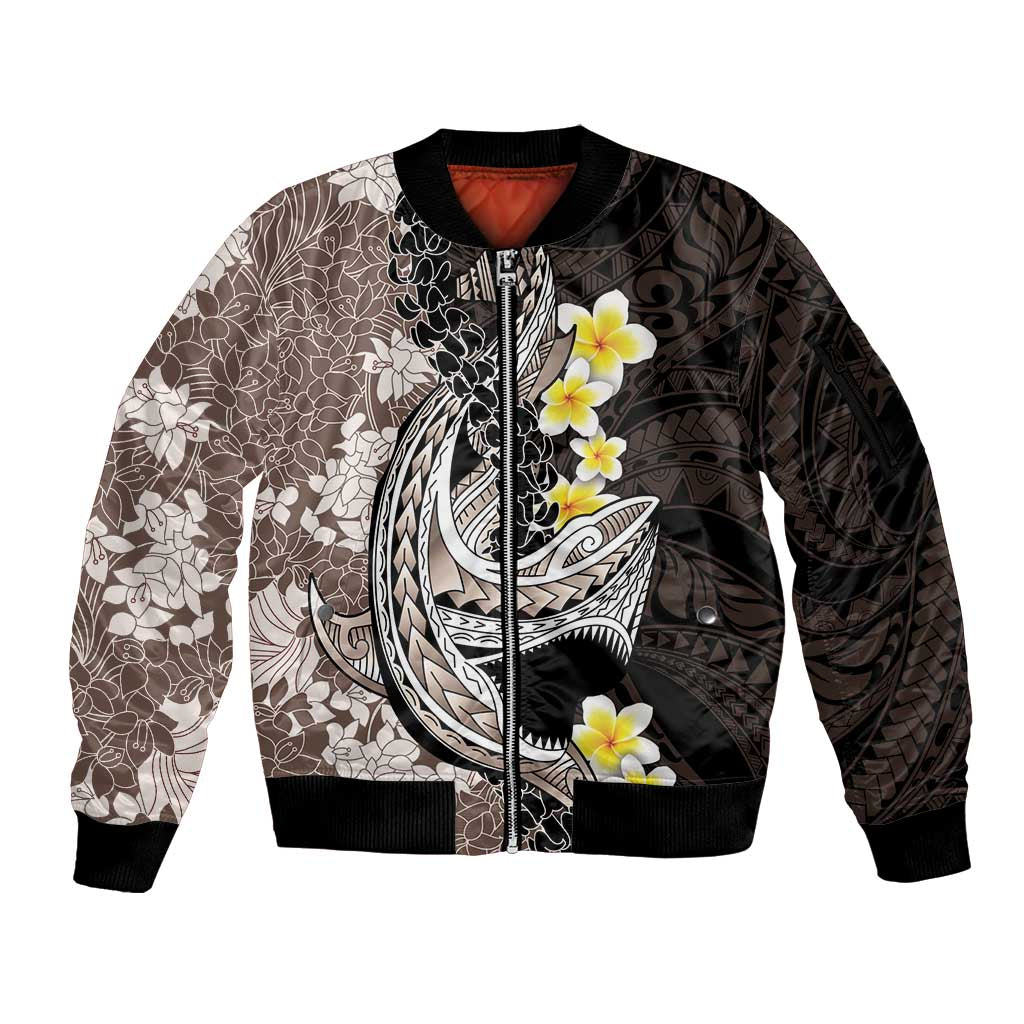 Brown and Black Hawaii Shark Tattoo Sleeve Zip Bomber Jacket Puakenikeni Lei Plumeria Polynesian Pattern - Polynesian Pride