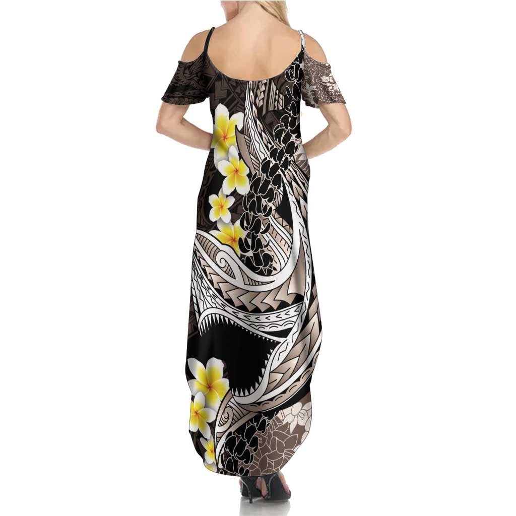 Brown and Black Hawaii Shark Tattoo Summer Maxi Dress Puakenikeni Lei Plumeria Polynesian Pattern - Polynesian Pride