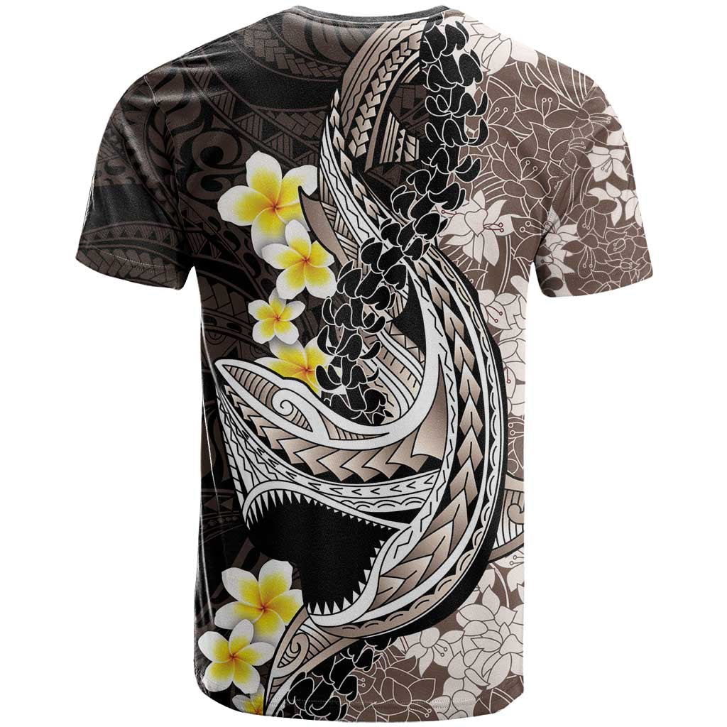 Brown and Black Hawaii Shark Tattoo T Shirt Puakenikeni Lei Plumeria Polynesian Pattern - Polynesian Pride