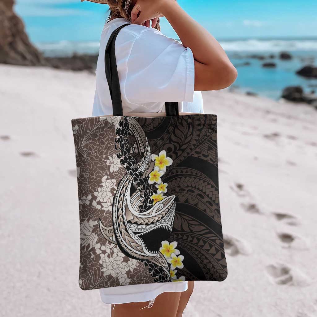Brown and Black Hawaii Shark Tattoo Tote Bag Puakenikeni Lei Plumeria Polynesian Pattern - Polynesian Pride