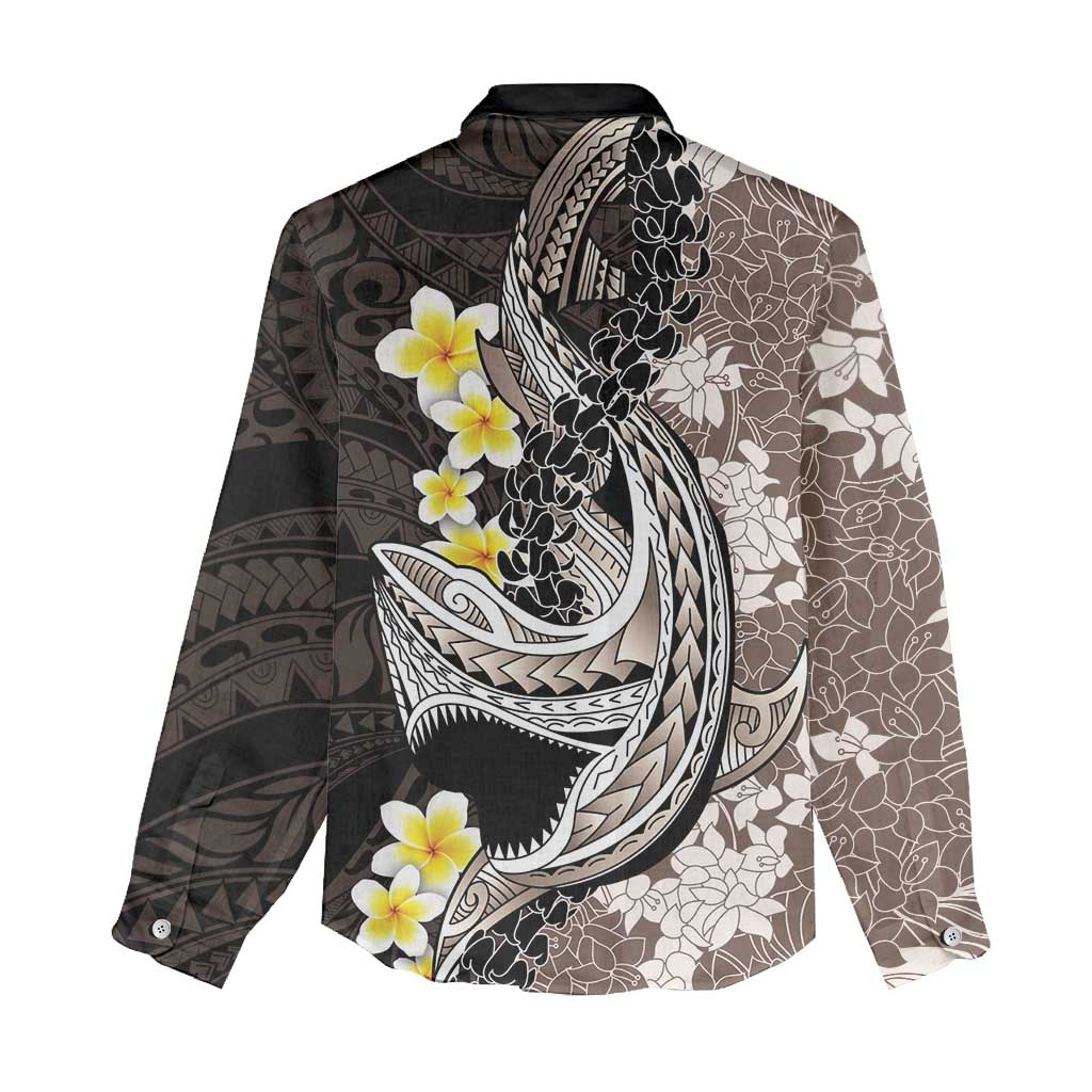 Brown and Black Hawaii Shark Tattoo Women Casual Shirt Puakenikeni Lei Plumeria Polynesian Pattern - Polynesian Pride