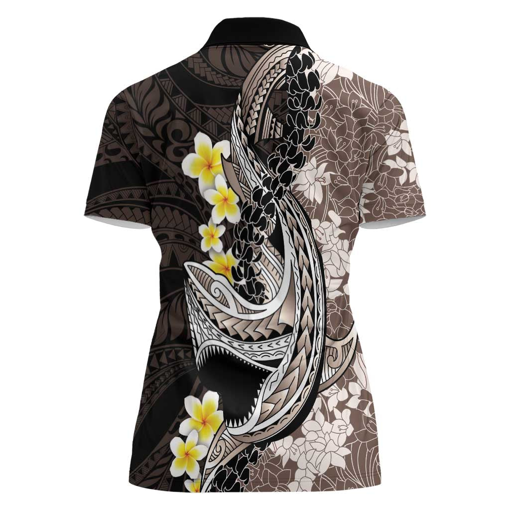 Brown and Black Hawaii Shark Tattoo Women Polo Shirt Puakenikeni Lei Plumeria Polynesian Pattern - Polynesian Pride