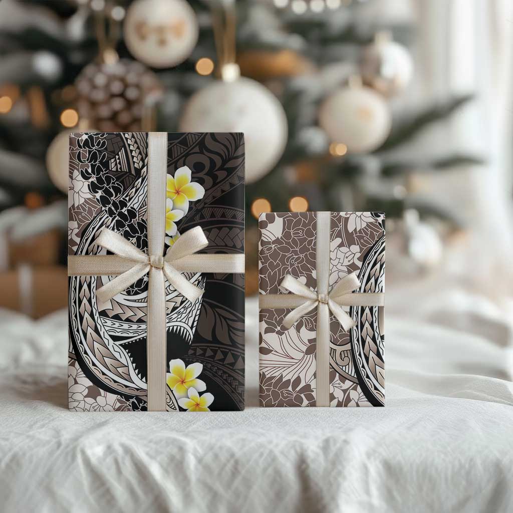 Brown and Black Hawaii Shark Tattoo Wrapping Paper Puakenikeni Lei Plumeria Polynesian Pattern - Polynesian Pride