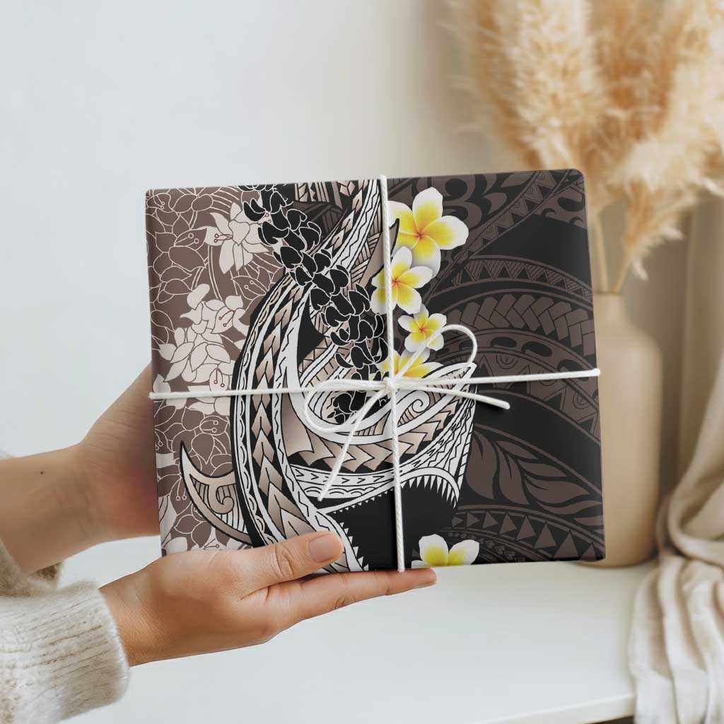 Brown and Black Hawaii Shark Tattoo Wrapping Paper Puakenikeni Lei Plumeria Polynesian Pattern - Polynesian Pride