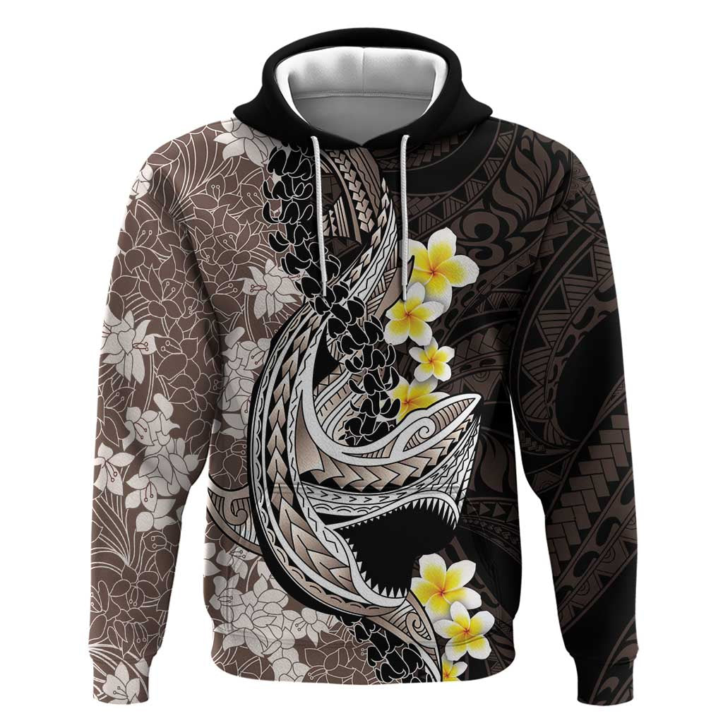 Brown and Black Hawaii Shark Tattoo Zip Hoodie Puakenikeni Lei Plumeria Polynesian Pattern - Polynesian Pride