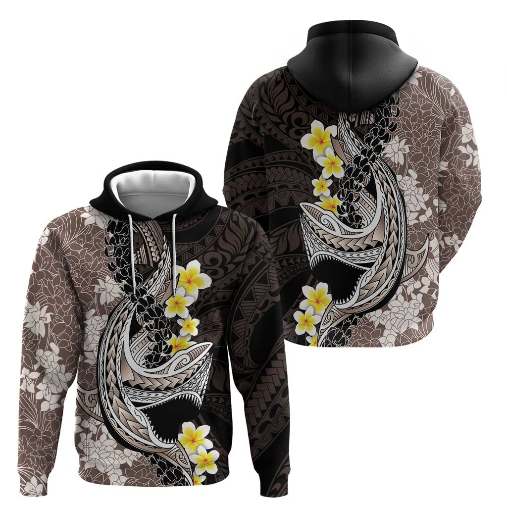 Brown and Black Hawaii Shark Tattoo Zip Hoodie Puakenikeni Lei Plumeria Polynesian Pattern - Polynesian Pride