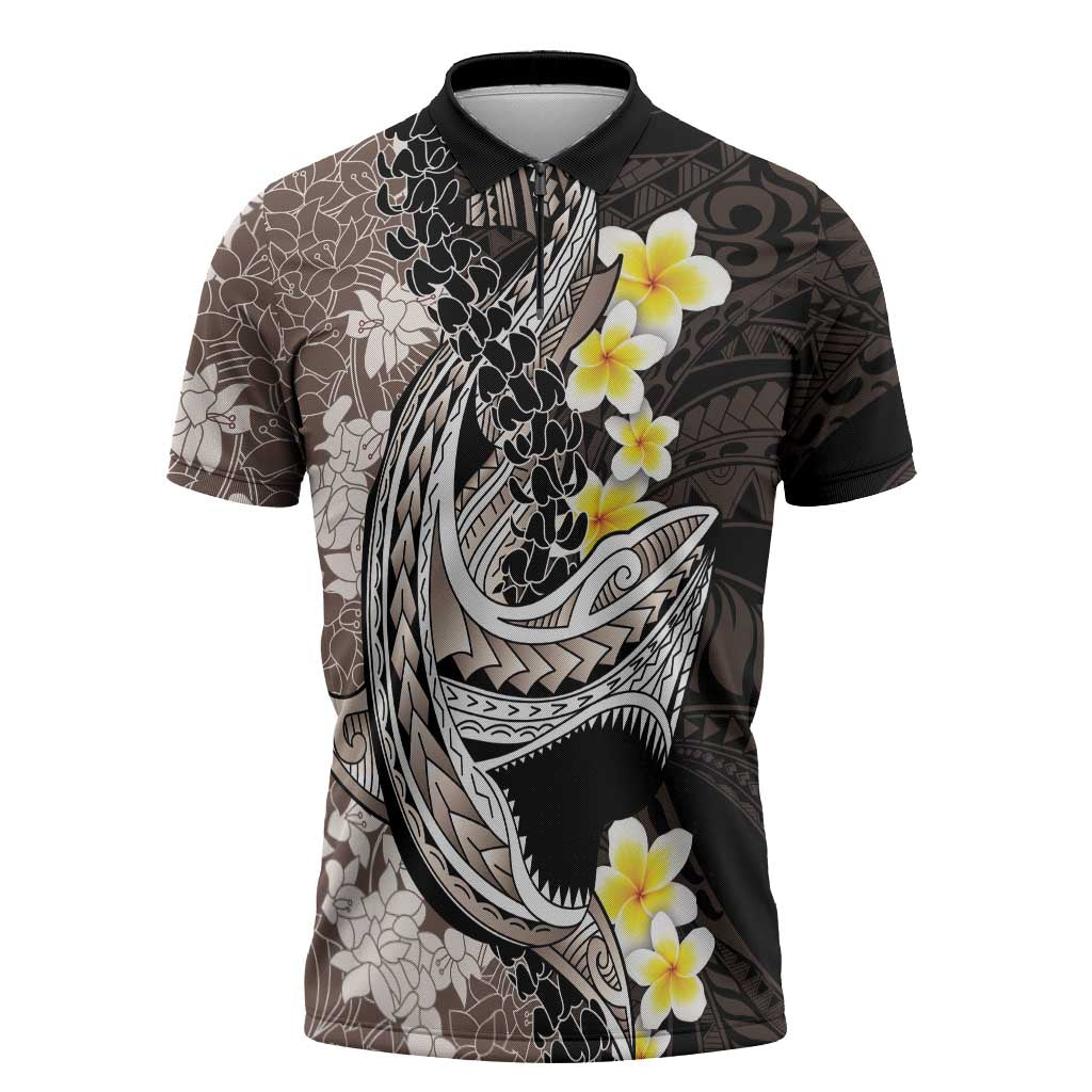 Brown and Black Hawaii Shark Tattoo Zipper Polo Shirt Puakenikeni Lei Plumeria Polynesian Pattern - Polynesian Pride