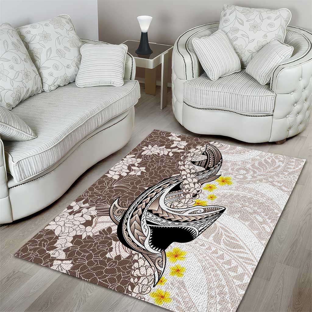 Brown and White Hawaii Shark Tattoo Area Rug Puakenikeni Lei Plumeria Polynesian Pattern - Polynesian Pride