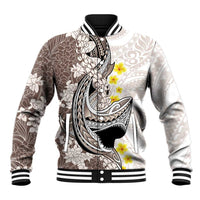 Brown and White Hawaii Shark Tattoo Baseball Jacket Puakenikeni Lei Plumeria Polynesian Pattern LT14 Unisex White - Polynesian Pride