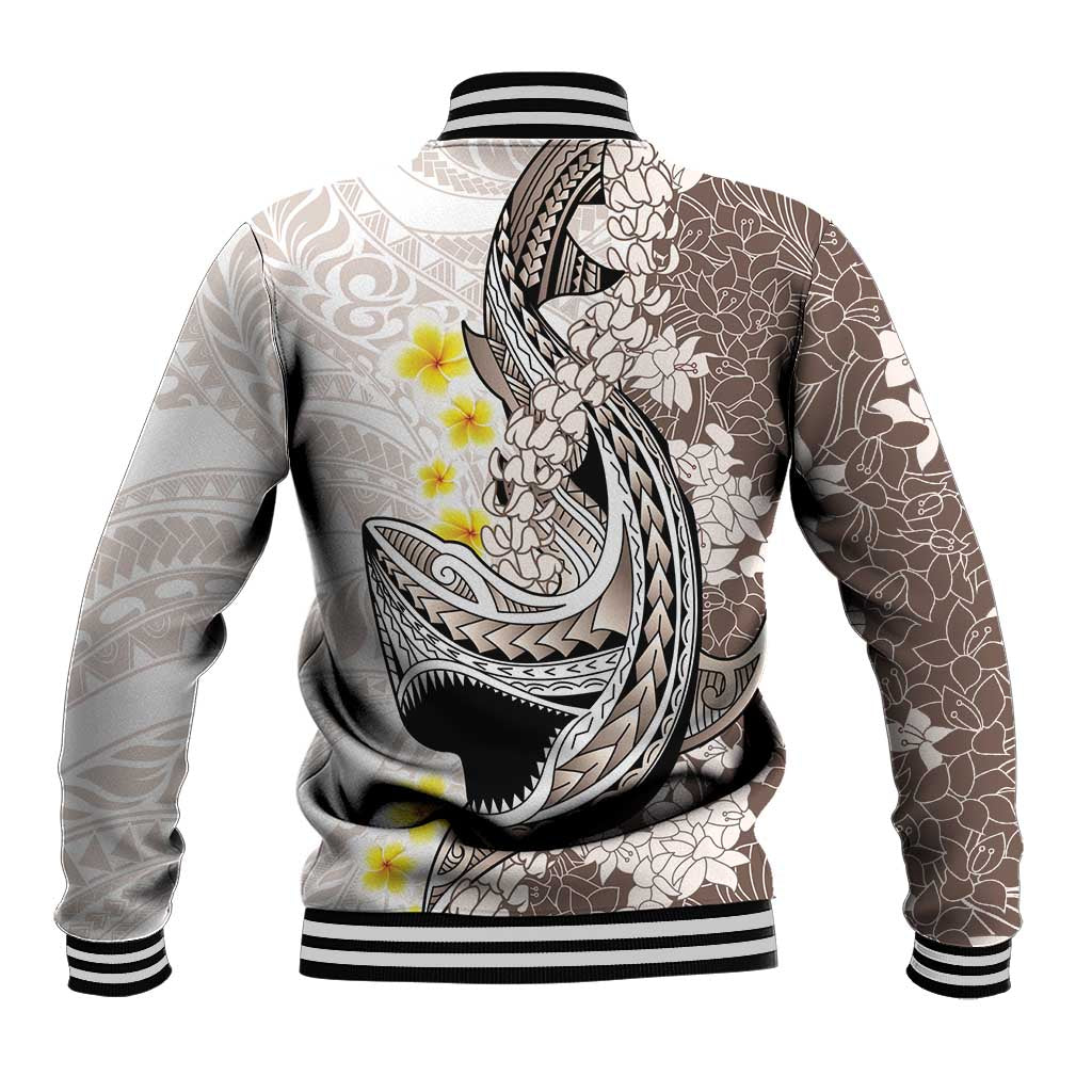 Brown and White Hawaii Shark Tattoo Baseball Jacket Puakenikeni Lei Plumeria Polynesian Pattern LT14 - Polynesian Pride