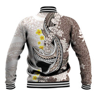 Brown and White Hawaii Shark Tattoo Baseball Jacket Puakenikeni Lei Plumeria Polynesian Pattern LT14 - Polynesian Pride