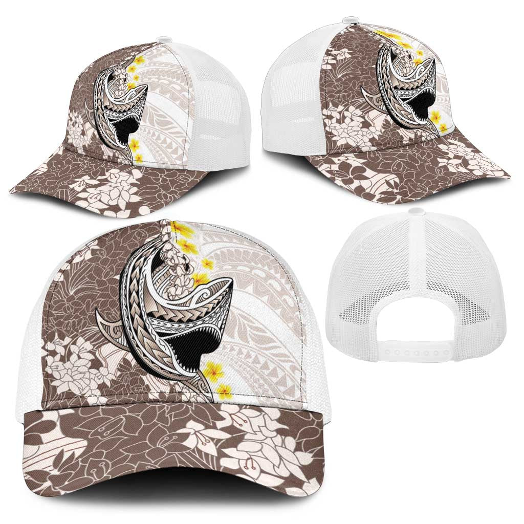 Brown and White Hawaii Shark Tattoo Baseball Net Cap Puakenikeni Lei Plumeria Polynesian Pattern - Polynesian Pride