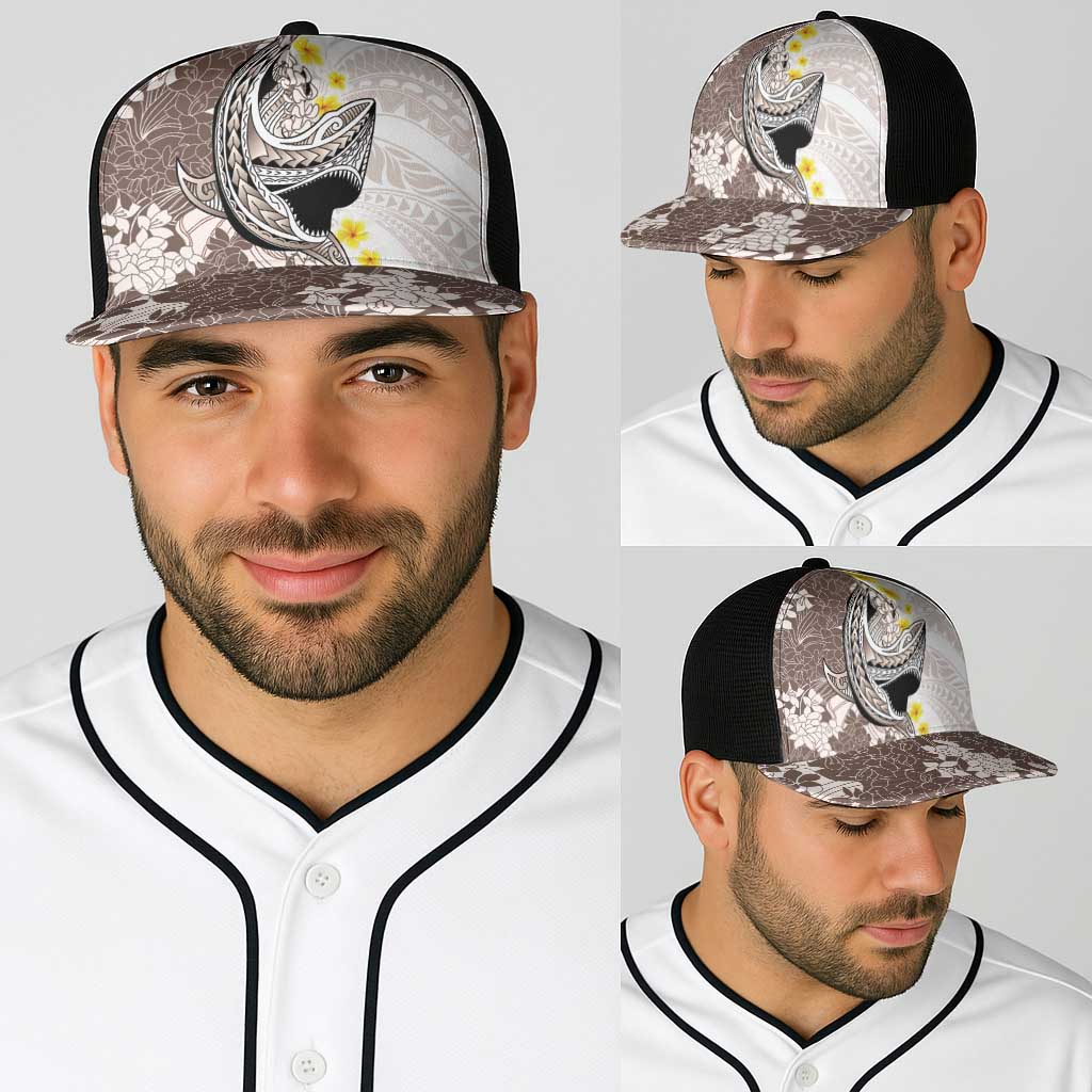 Brown and White Hawaii Shark Tattoo Baseball Net Cap Puakenikeni Lei Plumeria Polynesian Pattern - Polynesian Pride