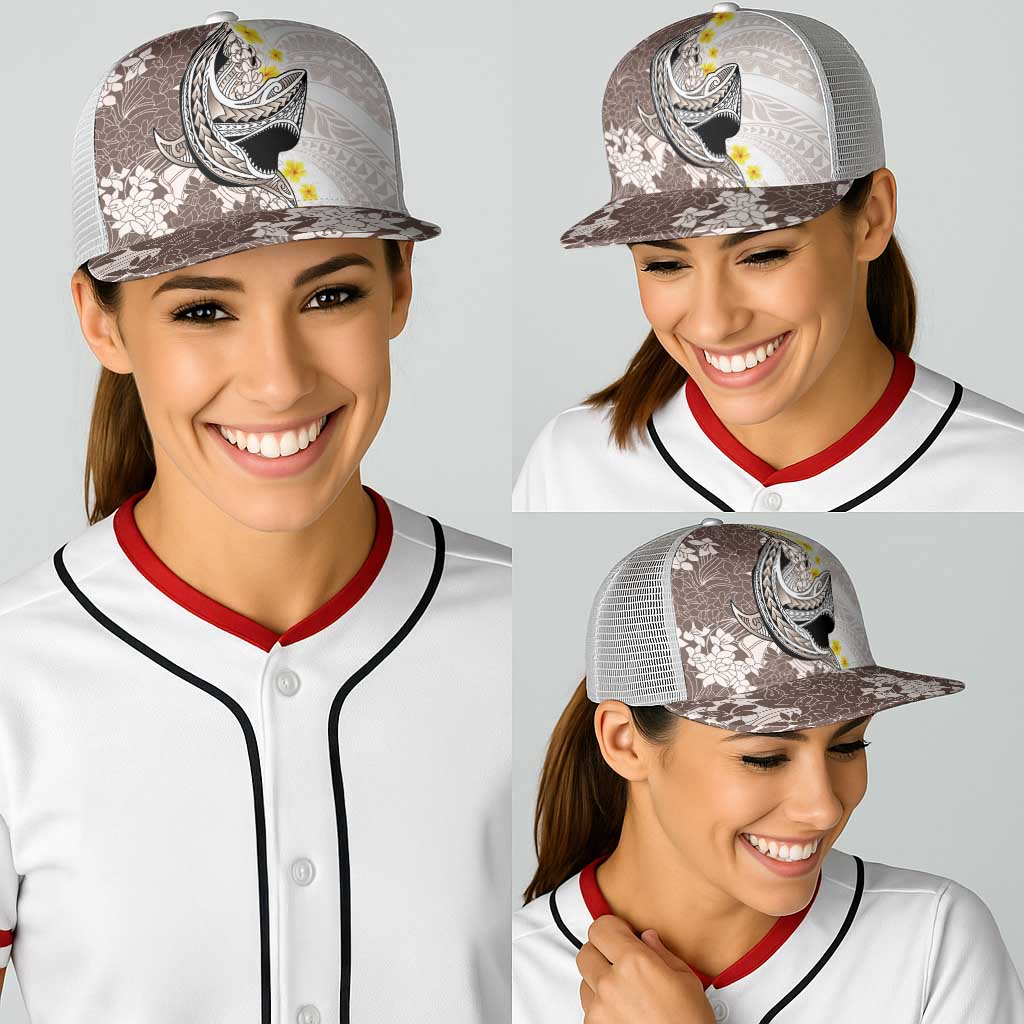 Brown and White Hawaii Shark Tattoo Baseball Net Cap Puakenikeni Lei Plumeria Polynesian Pattern - Polynesian Pride