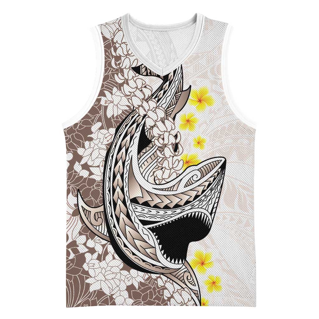 Brown and White Hawaii Shark Tattoo Basketball Jersey Puakenikeni Lei Plumeria Polynesian Pattern - Polynesian Pride