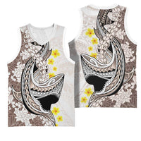 Brown and White Hawaii Shark Tattoo Basketball Jersey Puakenikeni Lei Plumeria Polynesian Pattern - Polynesian Pride