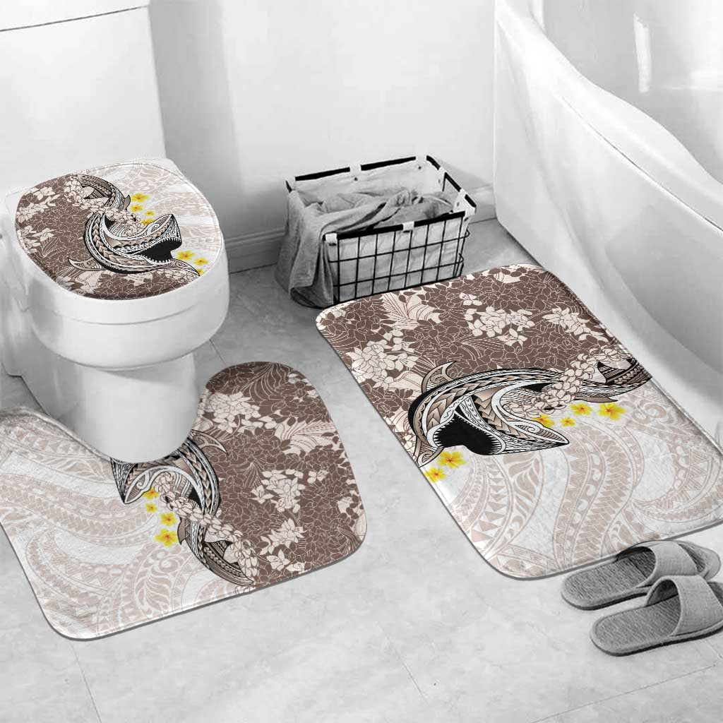 Brown and White Hawaii Shark Tattoo Bathroom Set Puakenikeni Lei Plumeria Polynesian Pattern - Polynesian Pride