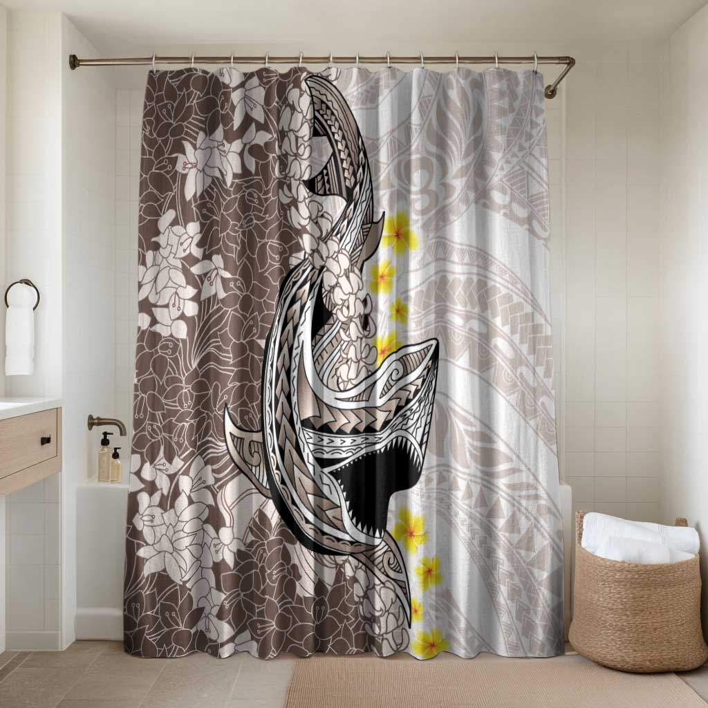 Brown and White Hawaii Shark Tattoo Bathroom Set Puakenikeni Lei Plumeria Polynesian Pattern - Polynesian Pride
