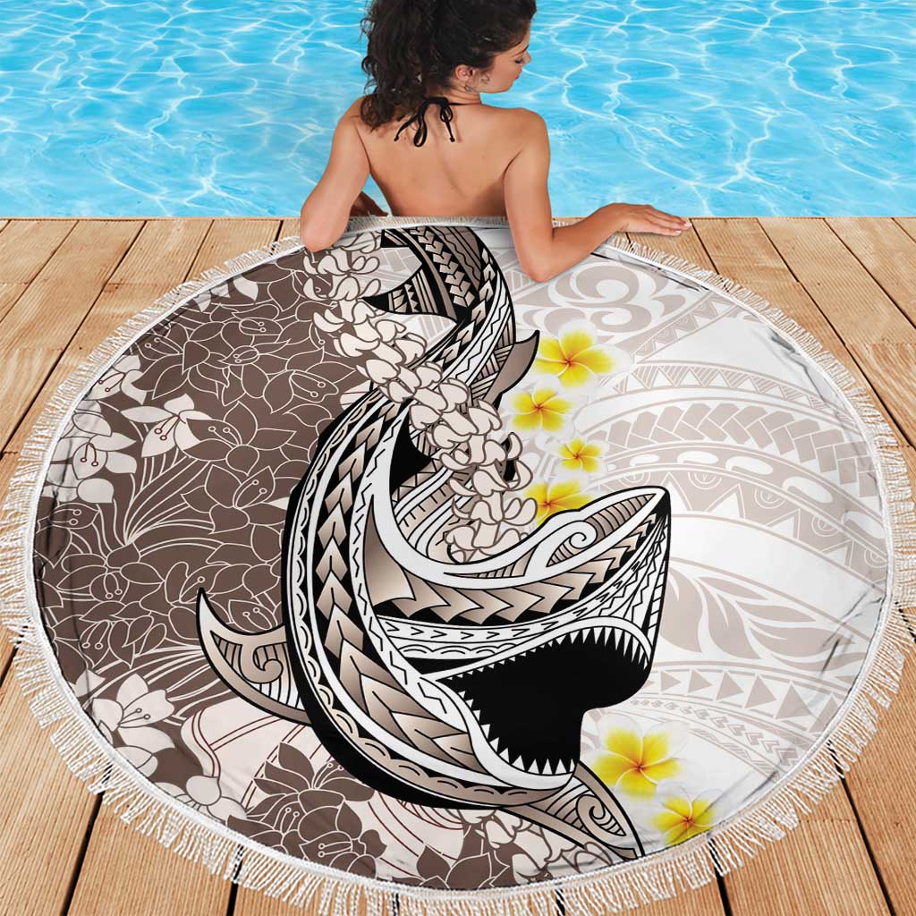 Brown and White Hawaii Shark Tattoo Beach Blanket Puakenikeni Lei Plumeria Polynesian Pattern - Polynesian Pride