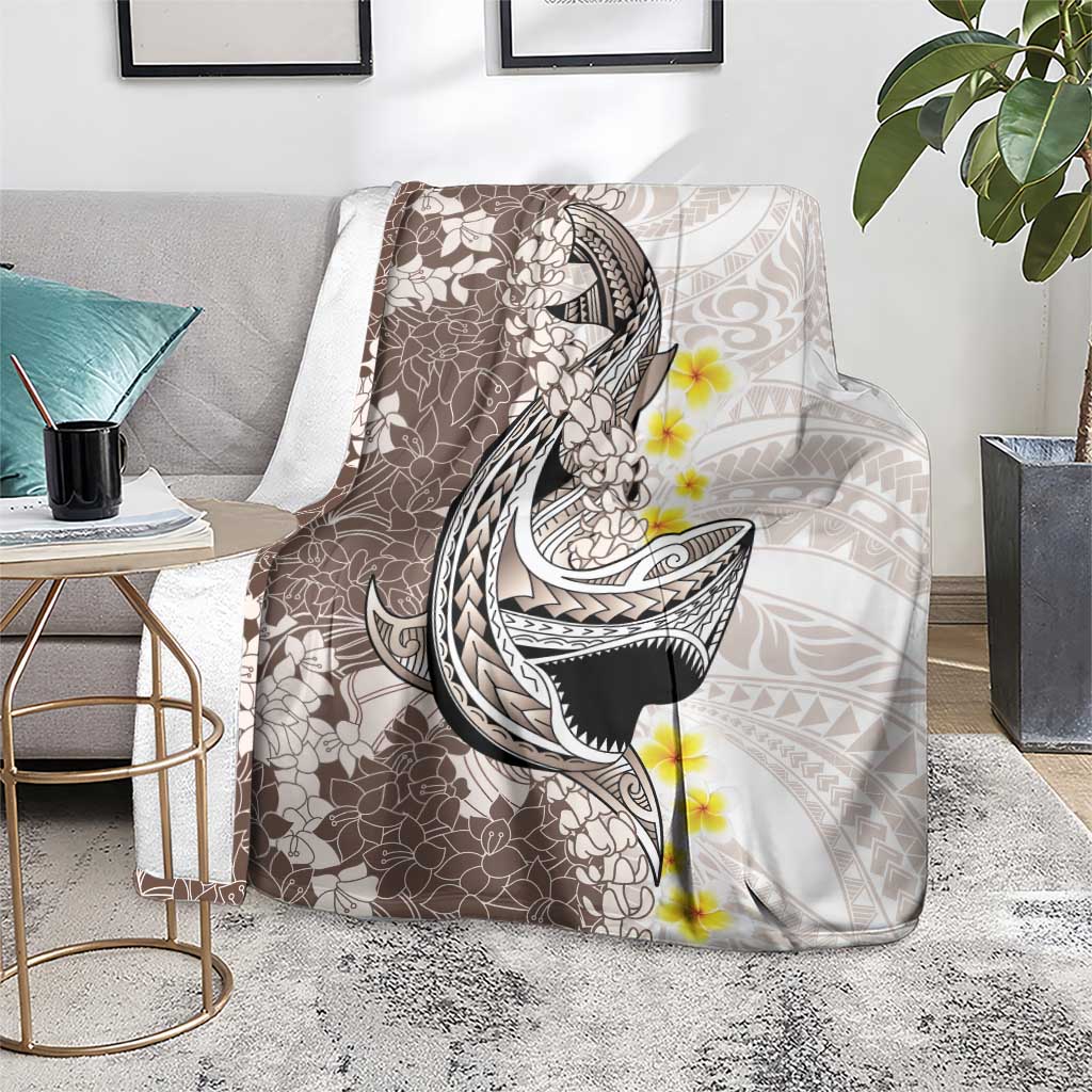 Brown and White Hawaii Shark Tattoo Blanket Puakenikeni Lei Plumeria Polynesian Pattern - Polynesian Pride