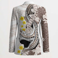 Brown and White Hawaii Shark Tattoo Blazer Puakenikeni Lei Plumeria Polynesian Pattern - Polynesian Pride