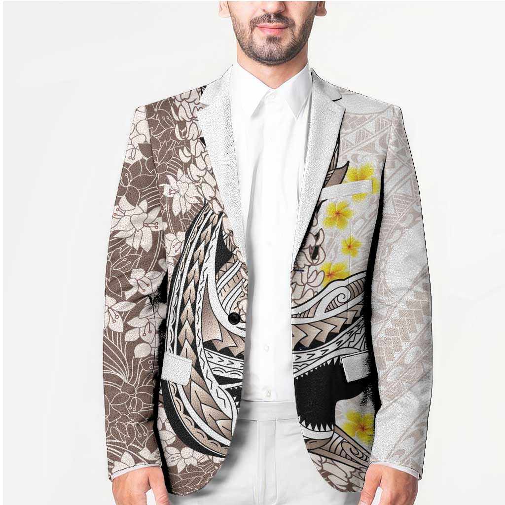 Brown and White Hawaii Shark Tattoo Blazer Puakenikeni Lei Plumeria Polynesian Pattern - Polynesian Pride