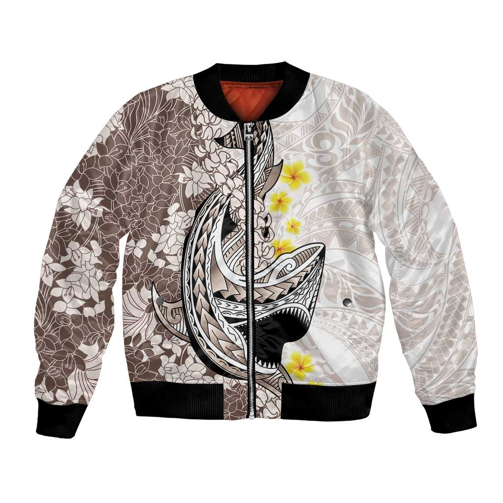 Brown and White Hawaii Shark Tattoo Bomber Jacket Puakenikeni Lei Plumeria Polynesian Pattern - Polynesian Pride
